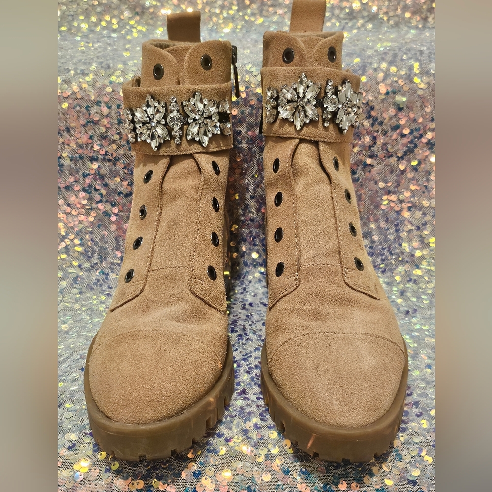 Karl Lagerfeld Tan Suede Combat Boots with Crystal Accents